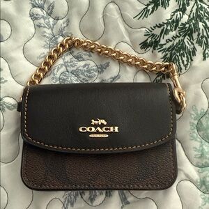 Coach Black and Brown Leather Wristlet with Gold Chain
